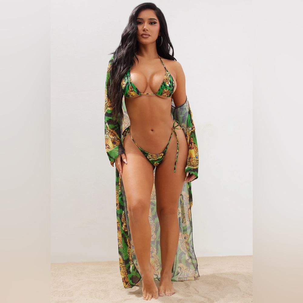 Fashion Nova Xyla Leopard 3 Piece Bikini Set Green combo